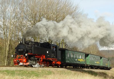 Die R&uuml;gensche B&auml;derBahn mit geliehenen Fahrzeugen der Fichtelbergbahn unterwegs. Foto: Achim Rickelt